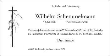 Anzeige von Wilhelm Schemmelmann 