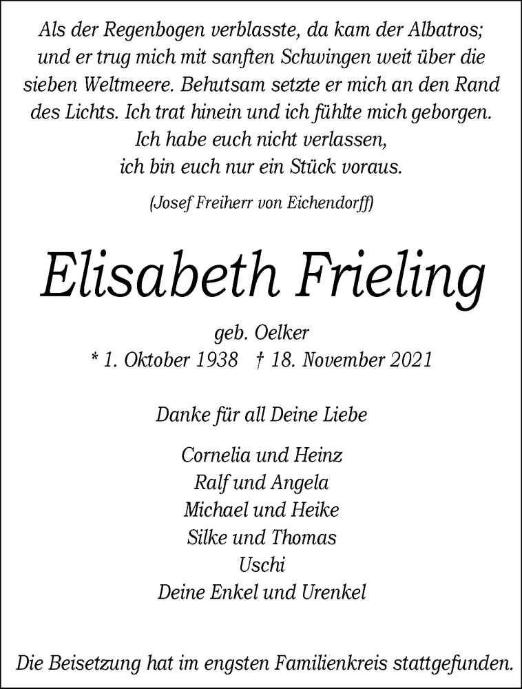  Traueranzeige für Elisabeth Frieling vom 27.11.2021 aus 