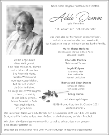 Anzeige von Adele Damm 