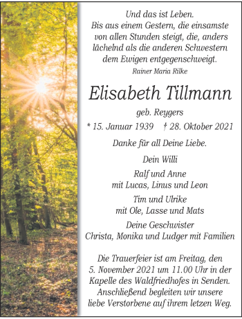 Anzeige von Elisabeth Tillmann 