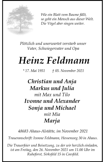Anzeige von Heinz Feldmann 