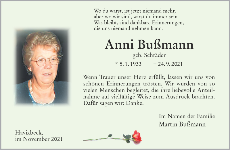  Traueranzeige für Anni Bußmann vom 06.11.2021 aus 