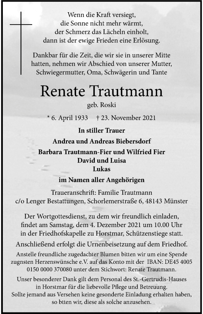  Traueranzeige für Renate Trautmann vom 27.11.2021 aus 