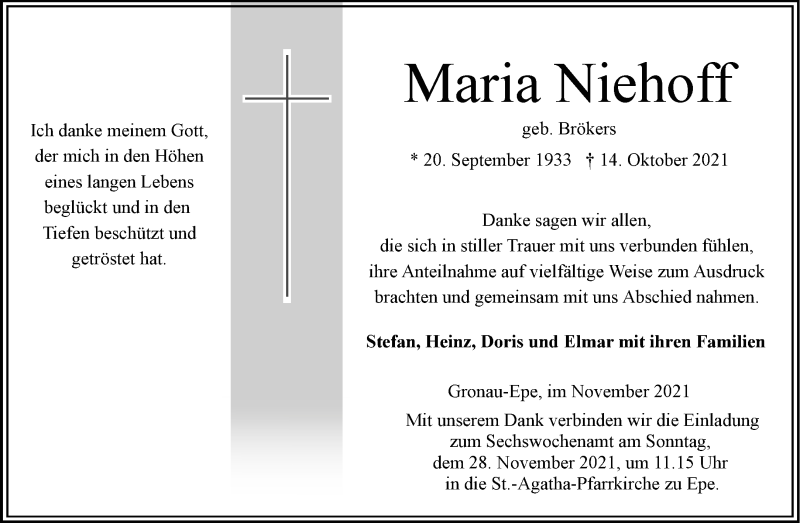 Traueranzeige für Maria Niehoff vom 20.11.2021 aus 