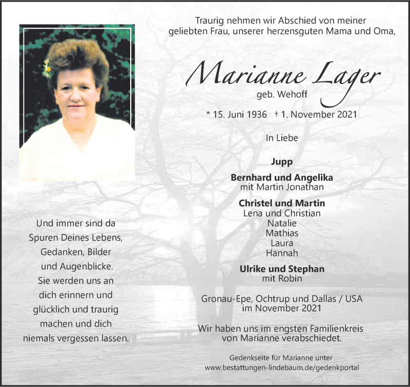  Traueranzeige für Marianne Lager vom 11.11.2021 aus 
