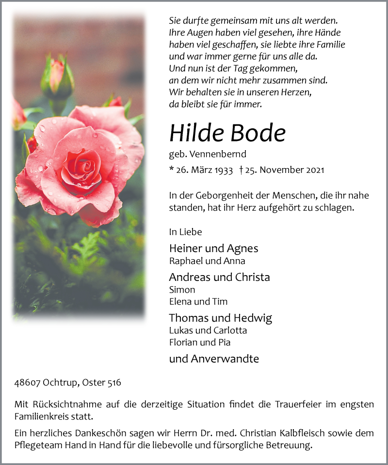  Traueranzeige für Hilde Bode vom 30.11.2021 aus 