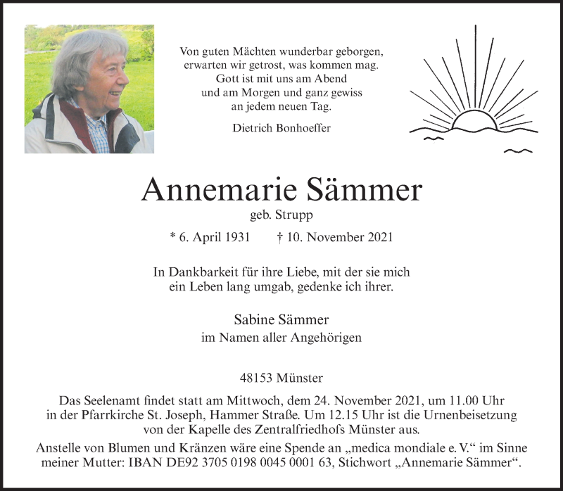  Traueranzeige für Annemarie Sämmer vom 13.11.2021 aus 