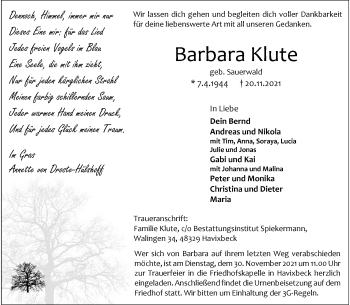 Anzeige von Barbara Klute 