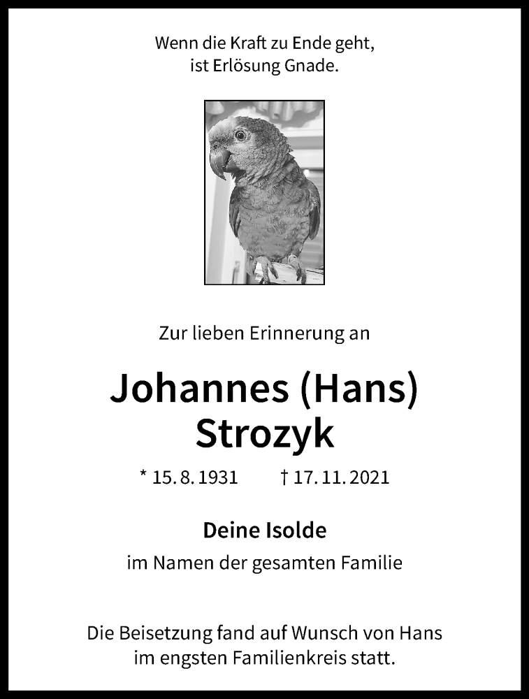  Traueranzeige für Johannes Strozyk vom 27.11.2021 aus 