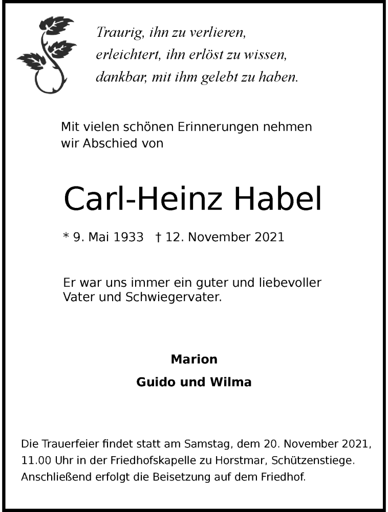  Traueranzeige für Carl-Heinz Habel vom 17.11.2021 aus 