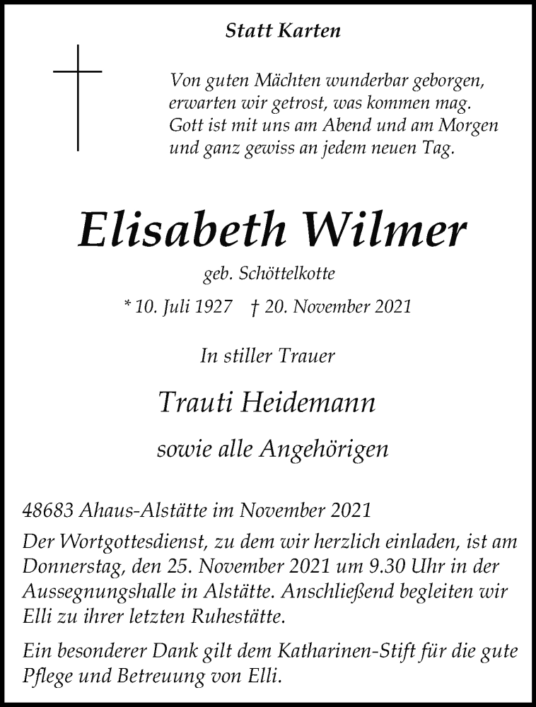  Traueranzeige für Elisabeth Wilmer vom 23.11.2021 aus 