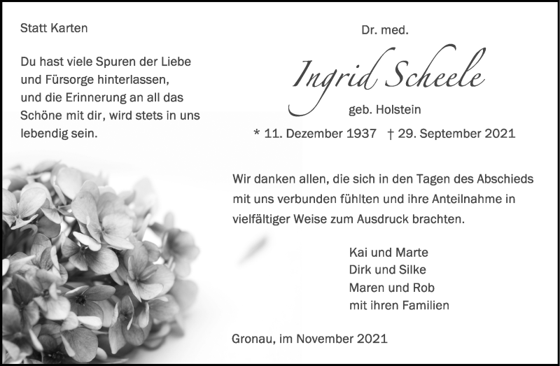  Traueranzeige für Ingrid Scheele vom 13.11.2021 aus 