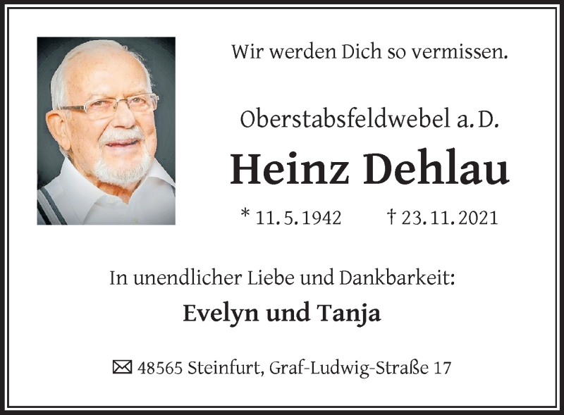  Traueranzeige für Heinz Dehlau vom 25.11.2021 aus 