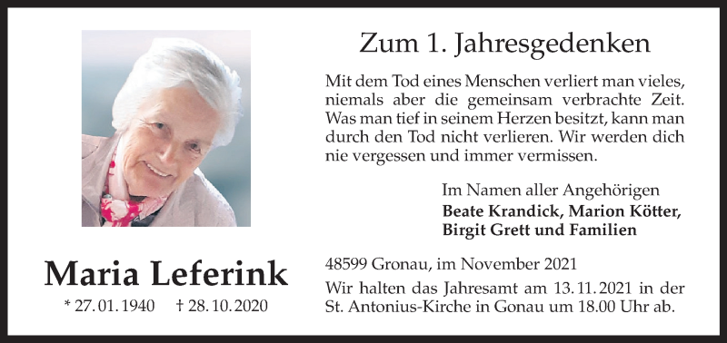  Traueranzeige für Maria Leferink vom 10.11.2021 aus 