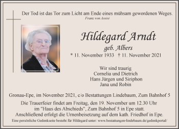 Anzeige von Hildegard Arndt 