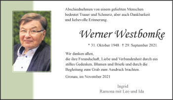 Anzeige von Werner Westbomke 