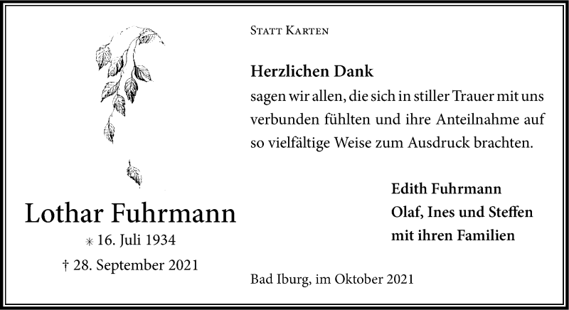  Traueranzeige für Lothar Fuhrmann vom 30.10.2021 aus 