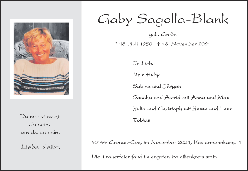  Traueranzeige für Gaby Sagolla-Blank vom 27.11.2021 aus 