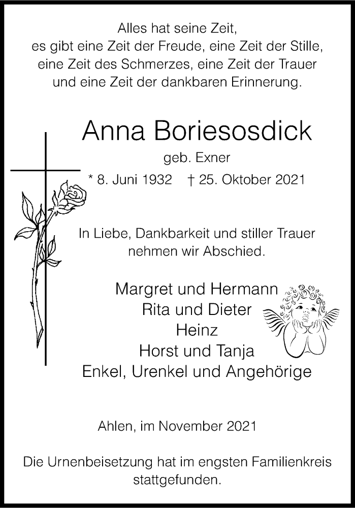  Traueranzeige für Anna Boriesosdick vom 06.11.2021 aus 