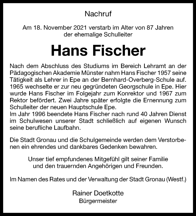  Traueranzeige für Hans Fischer vom 27.11.2021 aus 