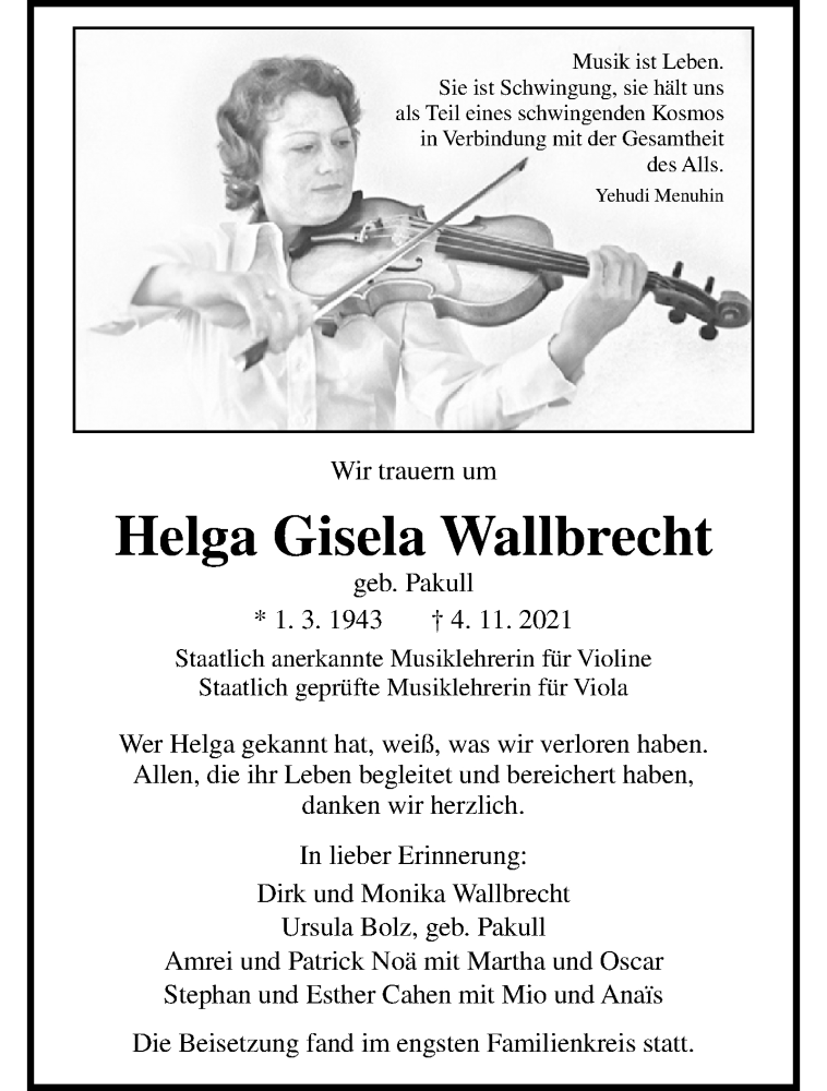  Traueranzeige für Helga Gisela Wallbrecht vom 27.11.2021 aus 