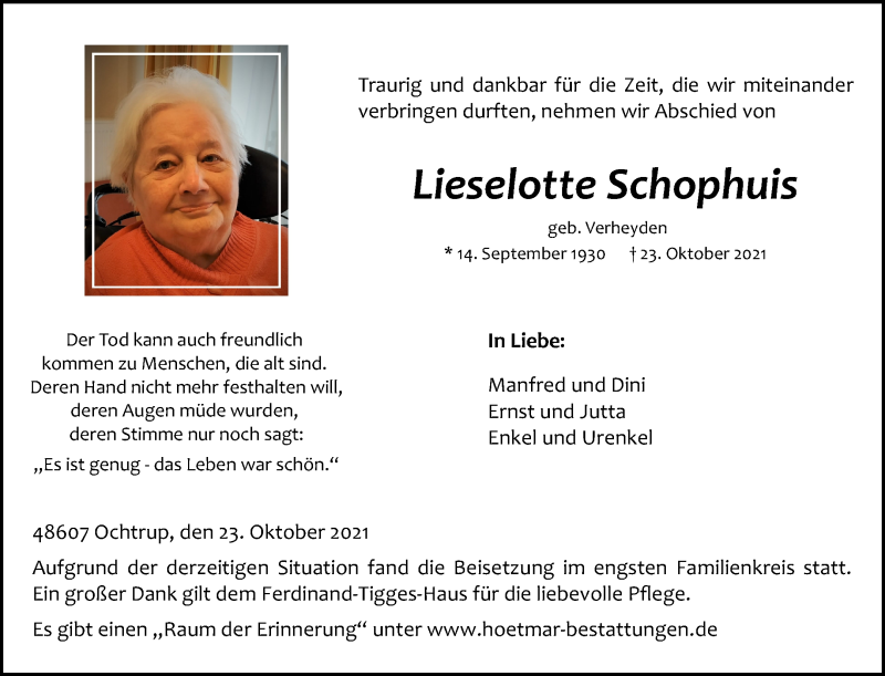  Traueranzeige für Lieselotte Schophuis vom 03.11.2021 aus 