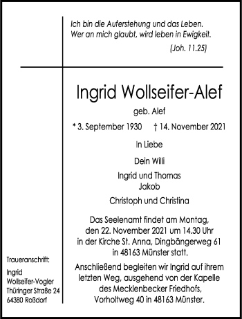 Anzeige von Ingrid Wollseifer-Alef 
