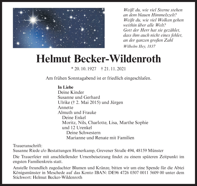 Traueranzeige für Helmut Becker-Wildenroth vom 27.11.2021 aus 