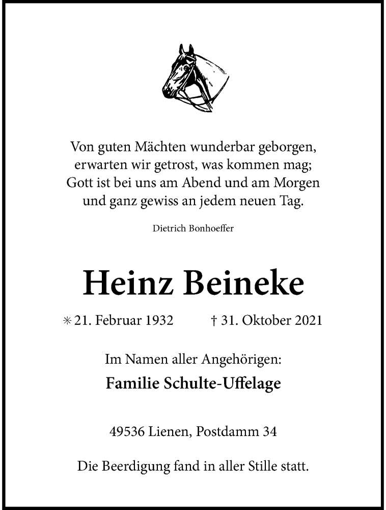  Traueranzeige für Heinz Beineke vom 05.11.2021 aus 