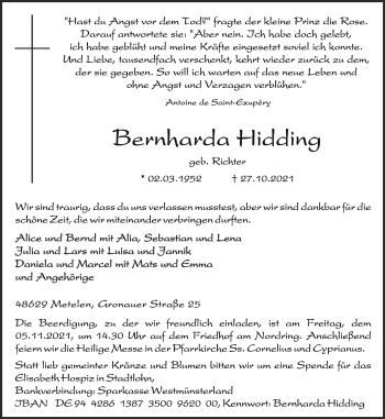 Anzeige von Bernharda Hidding 