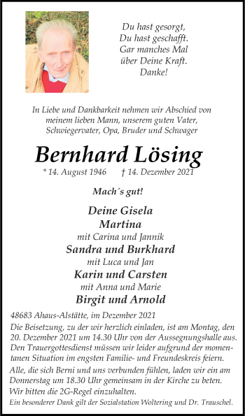 Anzeige von Bernhard Lösing 