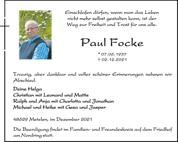 Anzeige von Paul Focke 