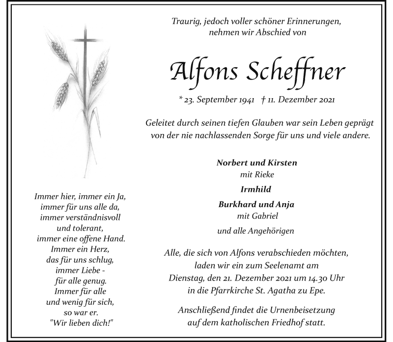  Traueranzeige für Alfons Scheffner vom 15.12.2021 aus 