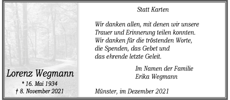  Traueranzeige für Lorenz Wegmann vom 31.12.2021 aus 