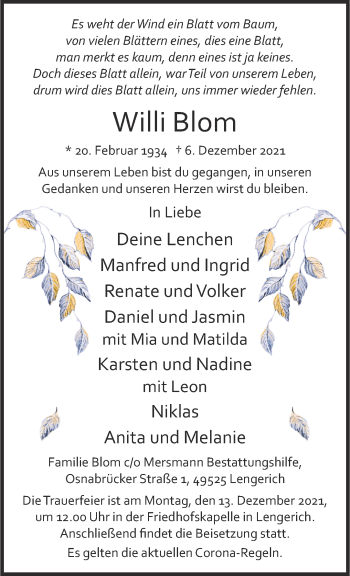 Anzeige von Willi Blom 