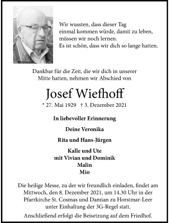 Anzeige von Josef Wiefhoff 