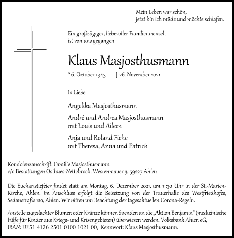  Traueranzeige für Klaus Masjosthusmann vom 01.12.2021 aus 
