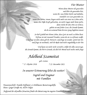 Anzeige von Adelheid Szameitat 