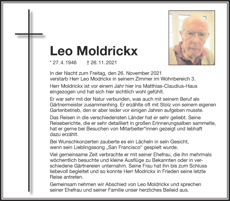  Traueranzeige für Leo Moldrickx vom 04.12.2021 aus 