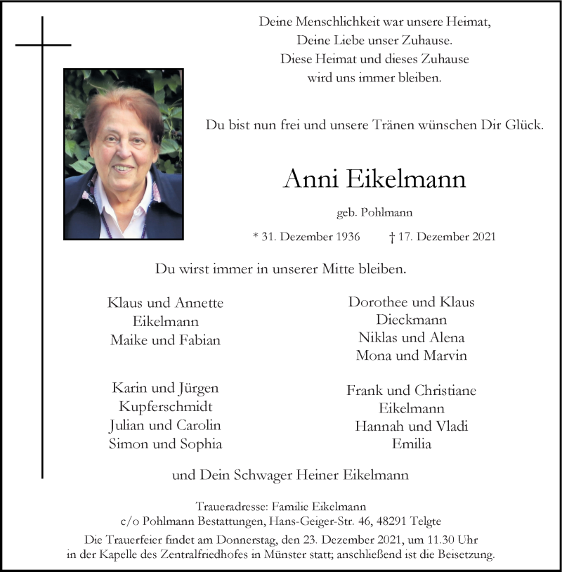 Traueranzeige für Anni Eikelmann vom 22.12.2021 aus 