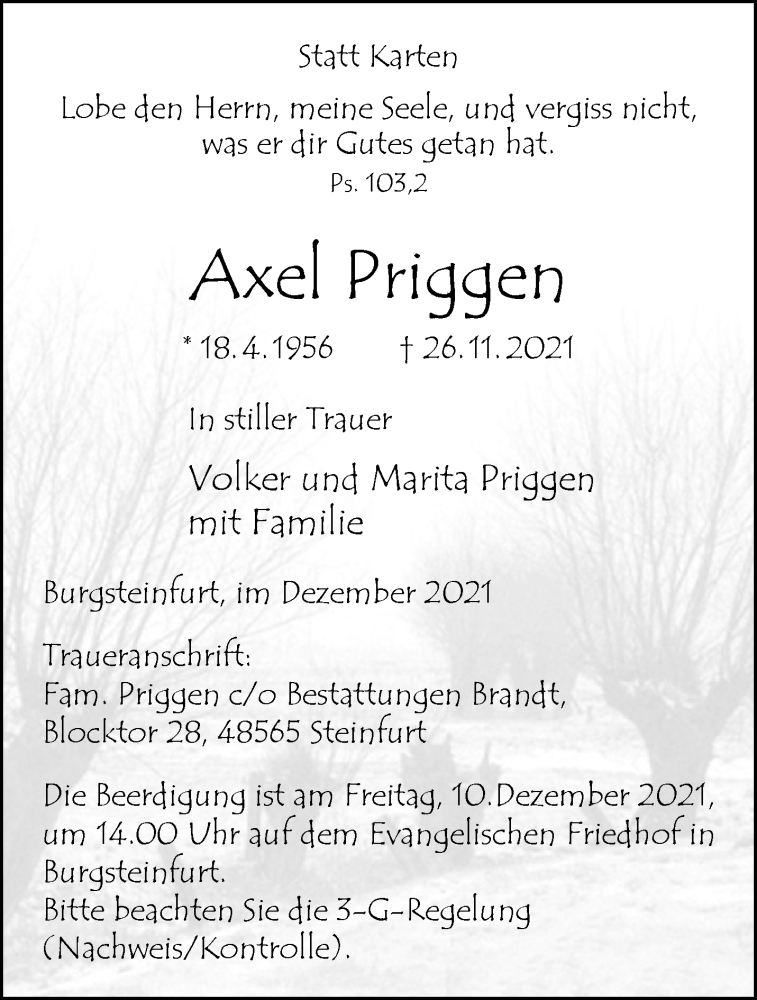  Traueranzeige für Axel Priggen vom 01.12.2021 aus 