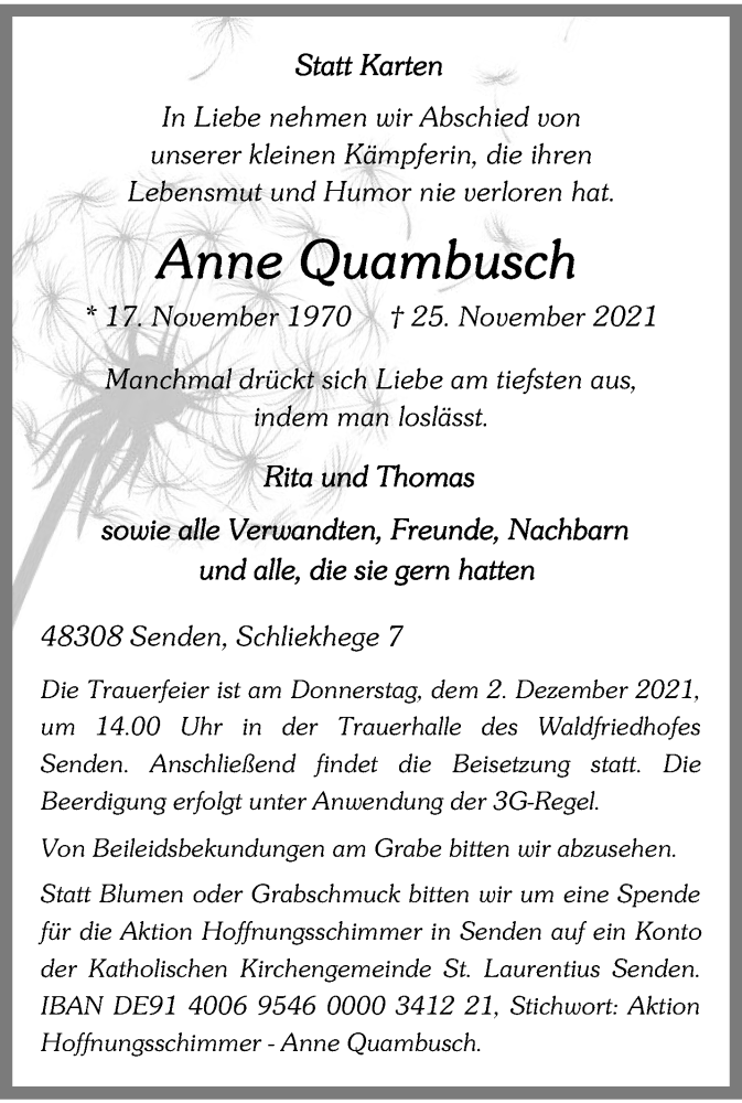  Traueranzeige für Anne Quambusch vom 01.12.2021 aus 