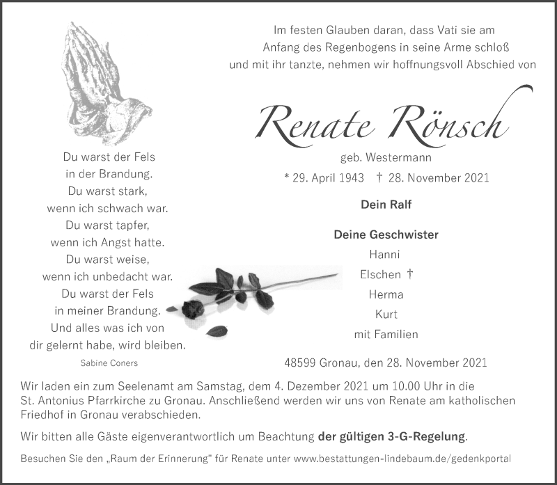  Traueranzeige für Renate Rönsch vom 02.12.2021 aus 