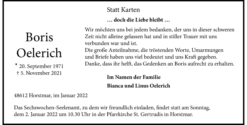  Traueranzeige für Boris Oelerich vom 29.12.2021 aus 