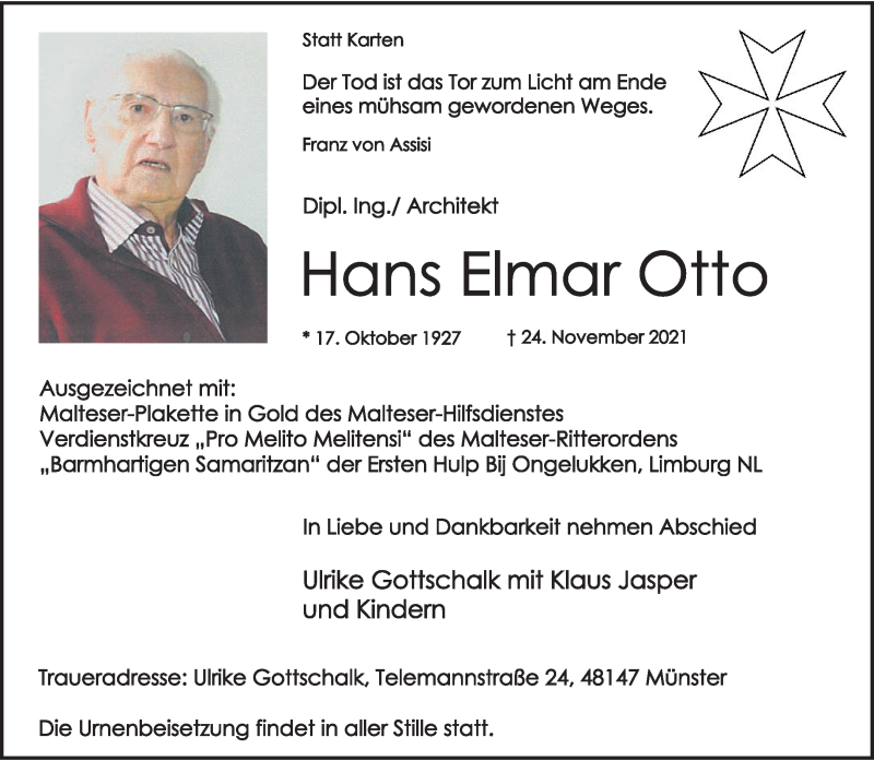  Traueranzeige für Hans Elmar Otto vom 01.12.2021 aus 