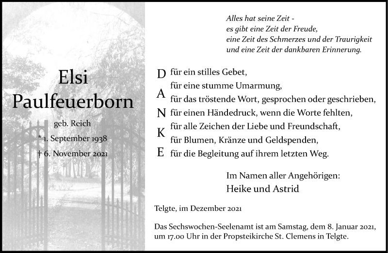  Traueranzeige für Elsi Paulfeuerborn vom 18.12.2021 aus 