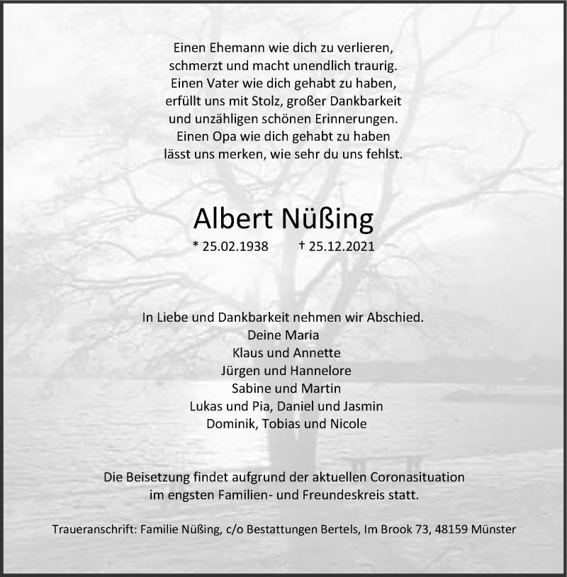  Traueranzeige für Albert Nüßing vom 31.12.2021 aus 