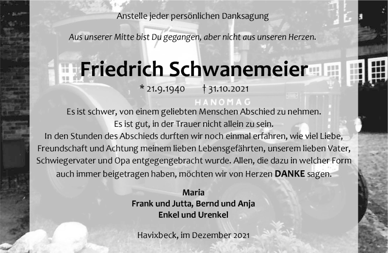  Traueranzeige für Friedrich Schwanemeier vom 18.12.2021 aus 