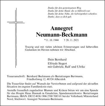 Anzeige von Annegret Neumann-Beckmann 