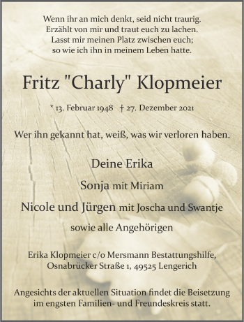 Anzeige von Fritz Klopmeier 